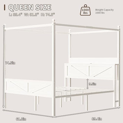 Queen Size Canopy Bed Frame with Barn Door Storage Headboard, Beige, view 3