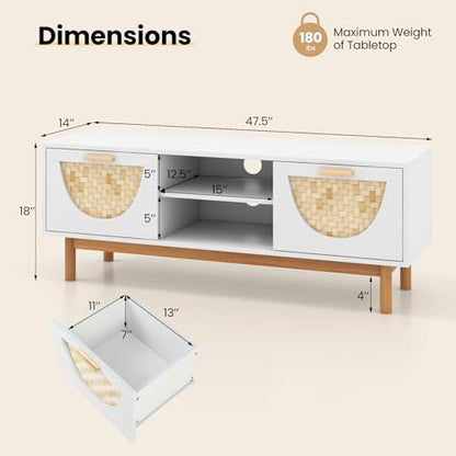 White TV Stand for 55 Inch TVs, Mid Century Modern Entertainment Center with 2 Drawers & Bamboo Woven Fronts, Solid Wood Legs, Boho TV Console Table for Living Room (White, 47.5”, for 55"TV)