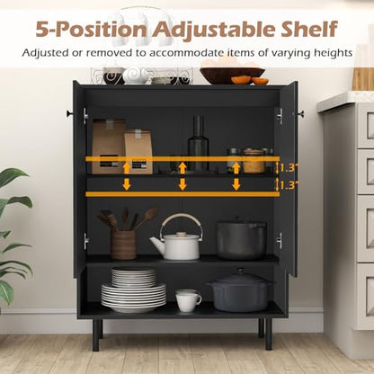 Sideboard Buffet Cabinet, Freestanding Kitchen Storage Cabinet with Doors, Adjustable Shelf & Anti-Tipping Kit, Mid Century Modern Black Buffet Table for Dining Room, Living Room, Entryway