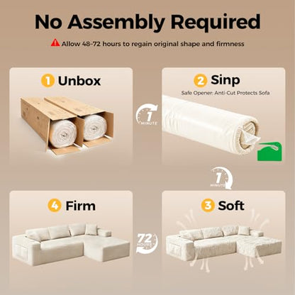 108" L-Shaped Boneless Sectional Couch, No Assembly Deep Seat, Beige | Cloud Sofa, 4-Seater Sofa, Storage Pockets, Plush Corduroy, Right-Facing Chaise