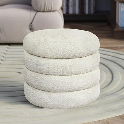 Storage Ottoman, Round Ottoman with Storage, Vanity Stool Foot Rest with Removable Lid, Round Boucle Upholstered for Living Room Pouf Footstool