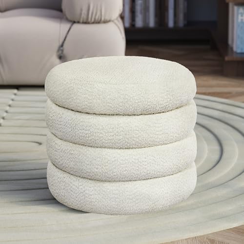 Storage Ottoman, Round Ottoman with Storage, Vanity Stool Foot Rest with Removable Lid, Round Boucle Upholstered for Living Room Pouf Footstool