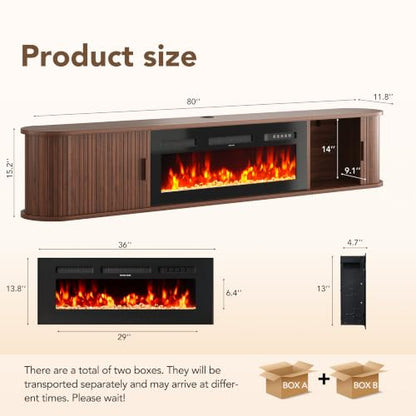 80" Floating TV Stand with Electric Fireplace, Wall Mounted Fireplace TV Stand, view 3
