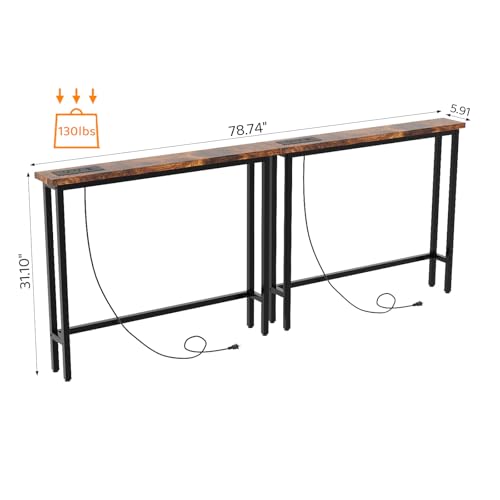 79" Console Table with Power Outlet, 5.9" Narrow Sofa Table Set of 2, Entryway Table with Charging Station & 4.9 Ft Extension Cord & Adjustable Feet, for Living Room, Hallway, Rustic Brown