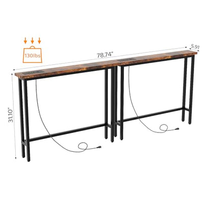 79" Console Table with Power Outlet, 5.9" Narrow Sofa Table Set of 2, Entryway Table with Charging Station & 4.9 Ft Extension Cord & Adjustable Feet, for Living Room, Hallway, Rustic Brown