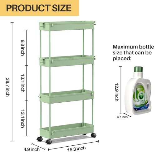 Slim Rolling Storage Cart 4 Tier Bathroom Organizer Utility Cart Mobile Shelving Unit Tower Rack for Kitchen, Laundry Room, Bathroom, Narrow Places, Green