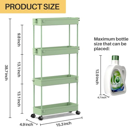 Slim Rolling Storage Cart 4 Tier Bathroom Organizer Utility Cart Mobile Shelving Unit Tower Rack for Kitchen, Laundry Room, Bathroom, Narrow Places, Green