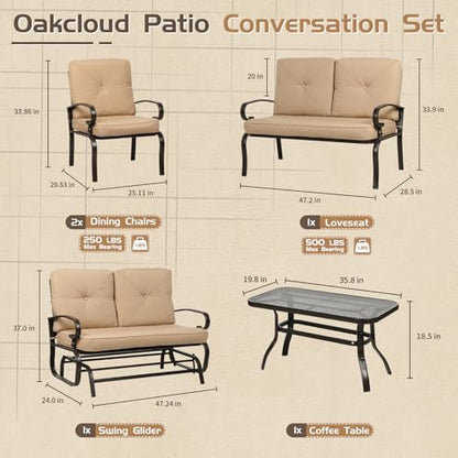 5-Piece Outdoor Metal Furniture Sets Patio Conversation Set Wrought Iron Glider, 2 Single Chairs, Loveseat and Coffee Table, Brown