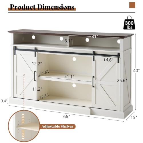 66" W Farmhouse TV Stand, Entertainment Center with Storage, White, view 3
