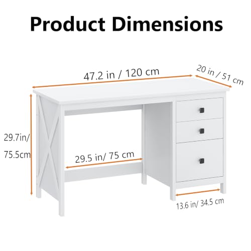 47.2 Inch White Computer Desk with 3 Drawers for Home Office Bedroom, view 3