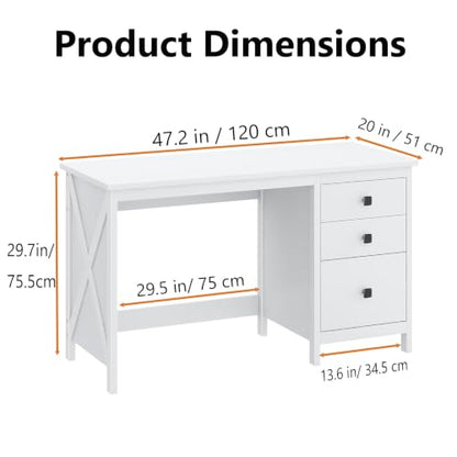 47.2 Inch White Computer Desk with 3 Drawers for Home Office Bedroom, view 3