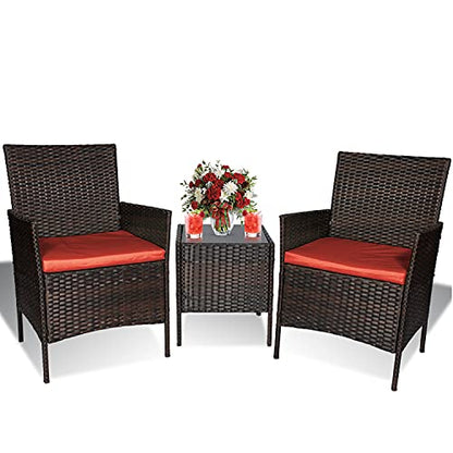 Fine Style 3 Piece Patio Furniture Set,Outdoor Wicker Rattan Conversation Set,Porch PE Outdoor Set with Coffee Table, Chairs & Thick Cushions, for Garden Lawn Backyard Pool (Brown-Rust)