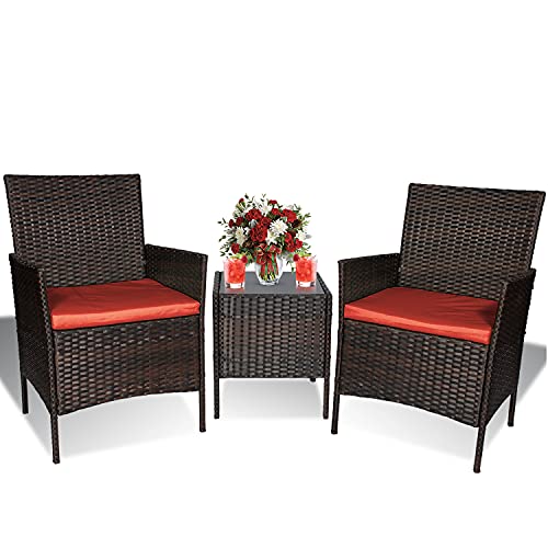 Fine Style 3 Piece Patio Furniture Set,Outdoor Wicker Rattan Conversation Set,Porch PE Outdoor Set with Coffee Table, Chairs & Thick Cushions, for Garden Lawn Backyard Pool (Brown-Rust)