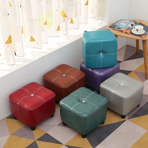 Square Foot Stool Upholstered in Oil Wax Leather with Soft Cushion and Anti Slip Design Easy to Clean and Ideal for Shoe Changing Beige Color 35CM Height Modern Footrest