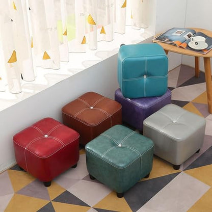 Square Foot Stool Upholstered in Oil Wax Leather with Soft Cushion and Anti Slip Design Easy to Clean and Ideal for Shoe Changing Beige Color 35CM Height Modern Footrest