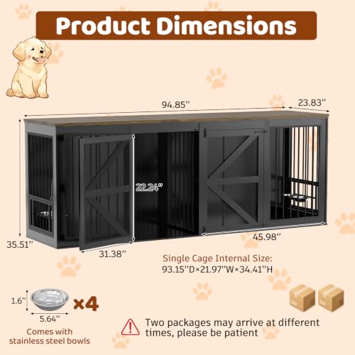 94.8" Dog Crate Furniture for 2 Dogs with Divider, Black, view 4