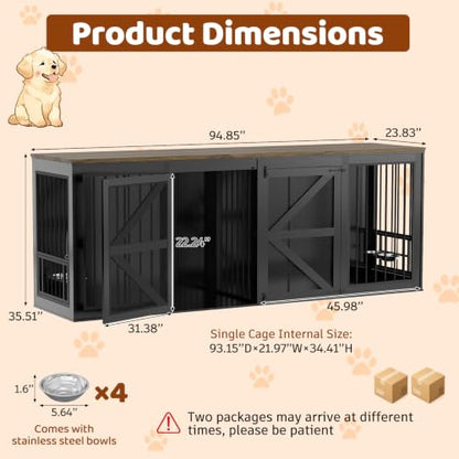 94.8" Dog Crate Furniture for 2 Dogs with Divider, Black, view 4