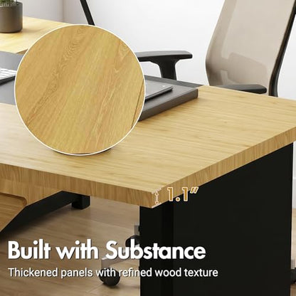 74.4" L-Shaped Executive Desk, Large Office Desk, Black + Light Wood, view 7