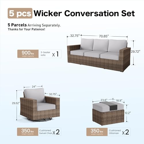 Swivel Glider 5 Piece Outdoor Furniture Set with Swivel Chairs, Wicker Patio Furniture with 4.92" Wide Armrest, 26.3" Deep Seating and 5.5" Thick Cushions, Grey