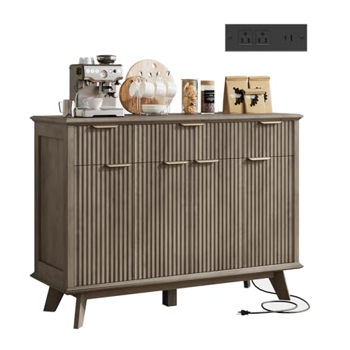 Fluted Sideboard Buffet Cabinet with Charging Station, 47.2" Kitchen Storage Cabinet with Drawers and Adjustable Shelves, Modern Coffee Bar Kitchen Table for Dining Room, Living Room, Grey