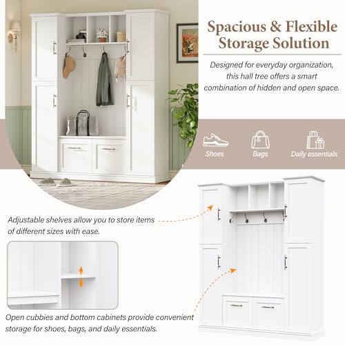 ON-TREND Farmhouse Elegant Hall Tree with 4 Side Cabinets, All-in-One Mudroom Furniture with Adjustable Shelves & Open Cubbies, Beadboard Entryway Bench with Coat Rack & 5 Hooks for Hallway, White