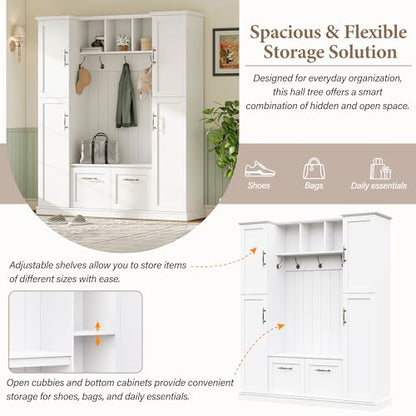 ON-TREND Farmhouse Elegant Hall Tree with 4 Side Cabinets, All-in-One Mudroom Furniture with Adjustable Shelves & Open Cubbies, Beadboard Entryway Bench with Coat Rack & 5 Hooks for Hallway, White