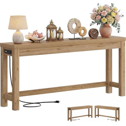 63" Console Table with Charging Station, 13.8" Deep Farmhouse Sofa Table Behind Couch with 2 AC Outlets & 3 USB Ports, Long Entryway TV Console or Home Office Desk, Natural Oak