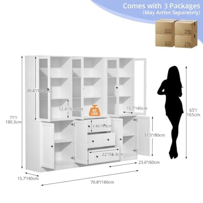 71" H Bookshelf with Storage, 6-Tier Modern Bookshelves with 3 Large Drawer, Display Bookcase with Glass Doors, Modern 5-Tier Curio Cabinet for Home Office, Dining Room (White, ABA)