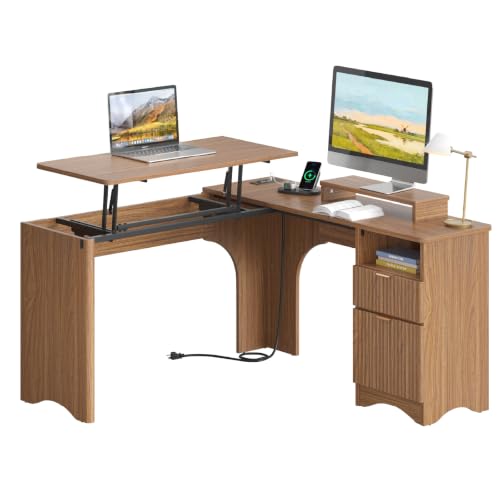 55" L Shaped Desk with Lift Top, Fluted Drawers, Brown Oak, view 2