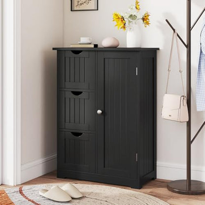 Bathroom Floor Cabinet, Wooden Storage Cabinet with 1 Door & 3 Drawer, Free Standing Entryway Cupboard, Space Saver Cabinet