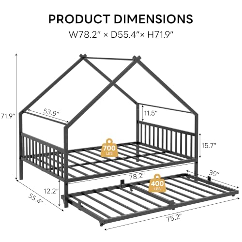 Daybed with Trundle, House Full Bed Frame for Bedroom, Black, view 4