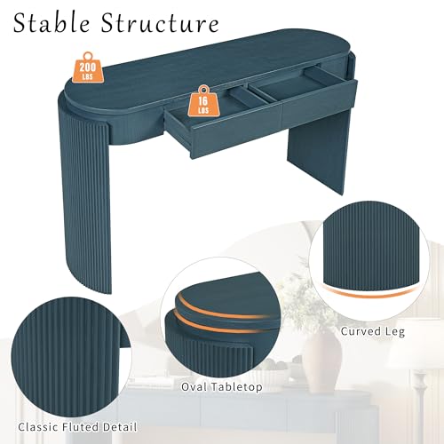 Modern Entryway Console Table with Storage Drawers, 55.1-Inch Oval Fluted Slim Entry Sofa Table for Living Room Entrance Hallway, Navy