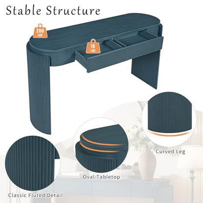 Modern Entryway Console Table with Storage Drawers, 55.1-Inch Oval Fluted Slim Entry Sofa Table for Living Room Entrance Hallway, Navy