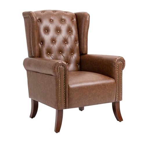 Mid-Century PU Leather Accent Chair, Living Room Lounge Sofa Chair with Buttons, Single Club Armchair with Rivet Trim for Bedroom Home Reception (Brown)