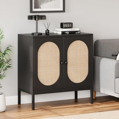 GAOMON Sideboard Buffet Cabinet, Rattan Storage Cabinet, Wood Accent Cabinet with Door and Shelf, Console Cabinet with Storage, Sideboard Cabinet for Hallway, Entryway, Living Room, Black