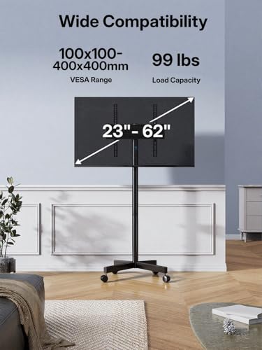 Rolling TV Stand for 23–62 Inch TVs, Outdoor Mobile TV Cart Holds up to 99 lbs, Portable TV Stand on Wheels for Bedroom and Living Room, Max VESA 400x400mm, PSTVMC04B-B
