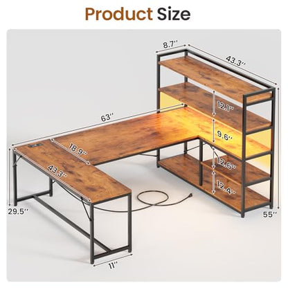 L Shaped Desk with Storage Shelves, 63” Reversible U Shaped Office Desk, Gaming Desk with Power Outlet and LED Lights for Home Office, Rustic Brown