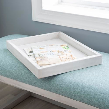 Powell Oakland White Washed Wooden Bench with Aqua Upholstered Seat and Removable Wood Tray