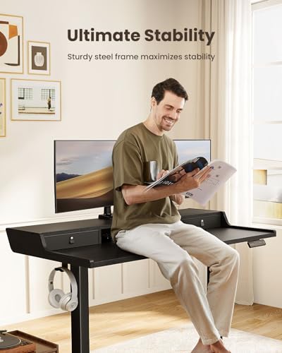 Electric Standing Desk with Drawers, 48″ x 24″ Gaming Table Compatible Monitor Stand, Stand up Desks, Home Office Height-Adjustable Desk with Storage Shelf, 4 Preset Heights, Black