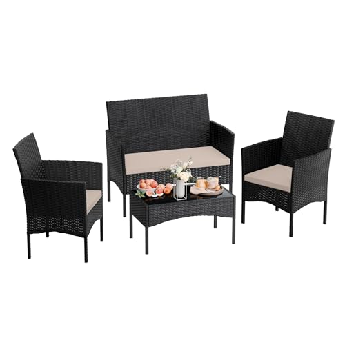 4 Pieces Patio Furniture Set Outdoor Conversation Set Rattan Furniture Set Wicker Chairs and Sofa with Glass Table for Porch Pool Backyard Garden Sand