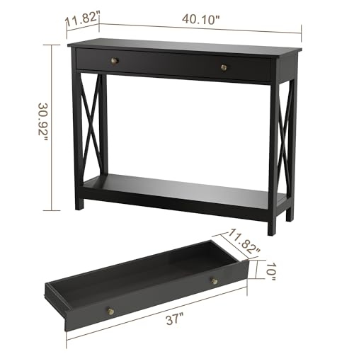 Black Console Table with Drawer and Storage Shelves, Foyer Sofa Table Narrow for Entryway, Living Room, Hallway