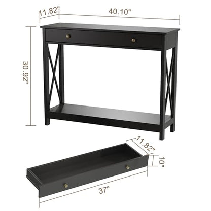 Black Console Table with Drawer and Storage Shelves, Foyer Sofa Table Narrow for Entryway, Living Room, Hallway