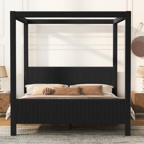Queen Size Upholstered Canopy Bed with Padded Headboard & Footboard, Black, view 4