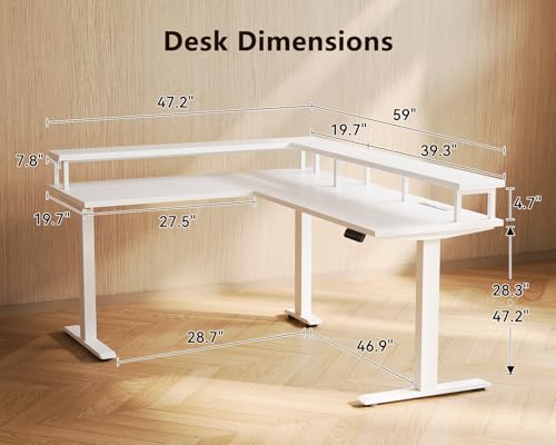 Electric L Shaped Standing Desk, 59 Inch Height Adjustable Stand Up Desk with Power Outlets ＆ Full Monitor Stand, Reversible Corner Desk for Home Office ＆ Computer Workstation, White