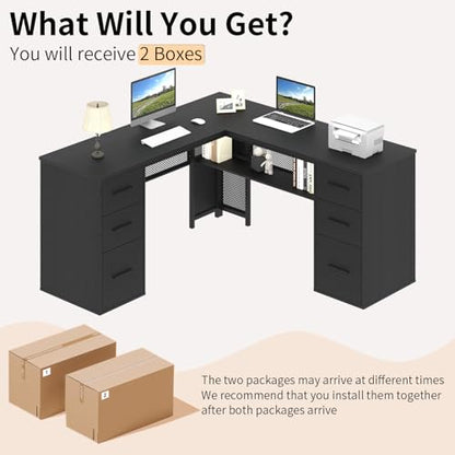 Black L Shaped Desk with File Drawers Shelves, Reversible Corner Metal Wood Computer Desk with Storage Cabinet, Modern Large Executive Work Writing Study Table for Home Office Bedroom, 59 Inch