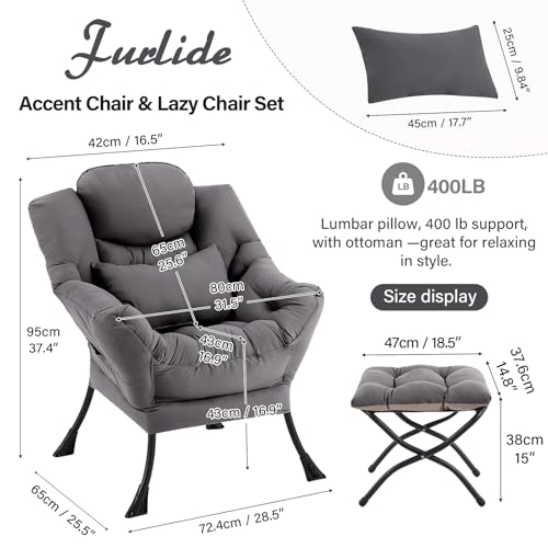 Lazy Chair with Ottoman, Comfy Fabric Accent Lounge Arm Chair with Lumbar Pillow and Folding Footrest, Reading Leisure Sofa Armchair for Bedroom, Living Room, Dorm,Dark Grey