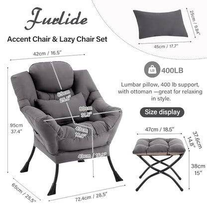 Lazy Chair with Ottoman, Comfy Fabric Accent Lounge Arm Chair with Lumbar Pillow and Folding Footrest, Reading Leisure Sofa Armchair for Bedroom, Living Room, Dorm,Dark Grey