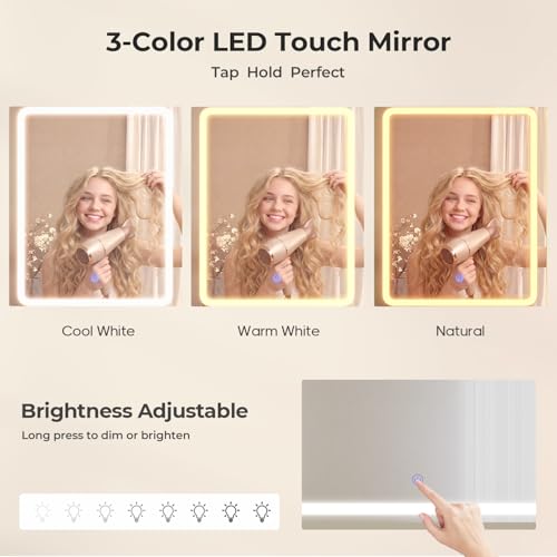 Fluted Vanity Desk with Mirror Light, Stool, Power Outlet Natural | 3 Color Touch Control Light, Fluted Wood Drawers, 3 Drawers 4 Shelves, Ideal Bedroom Furniture for Girls Age 8-16