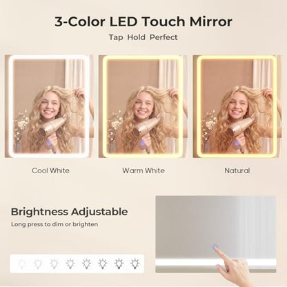 Fluted Vanity Desk with Mirror Light, Stool, Power Outlet Natural | 3 Color Touch Control Light, Fluted Wood Drawers, 3 Drawers 4 Shelves, Ideal Bedroom Furniture for Girls Age 8-16