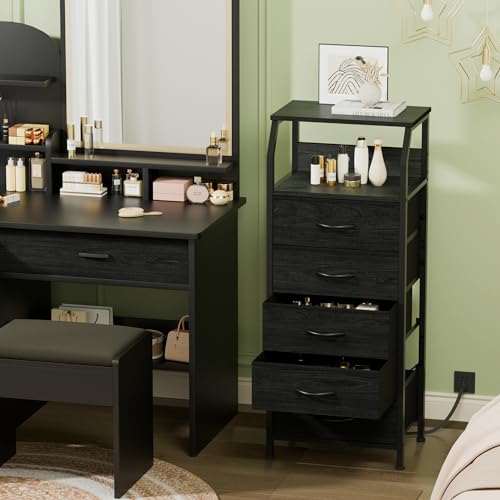 5 Drawers Dresser with Charging Station, Fabric Chest of Drawers with Open Shelf, Tall Night Stand, Bedside Table for Closet, Entryway, Bedroom Furniture, 3 Ways to Use, Black Oak